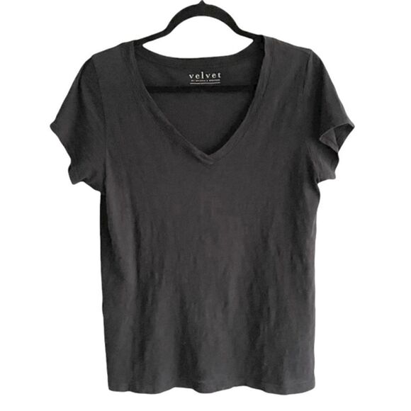 VELVET BY GRAHAM & SPENCER Black Cotton Slub V-Neck Short-Sleeve T-Shirt XS - Picture 1 of 5